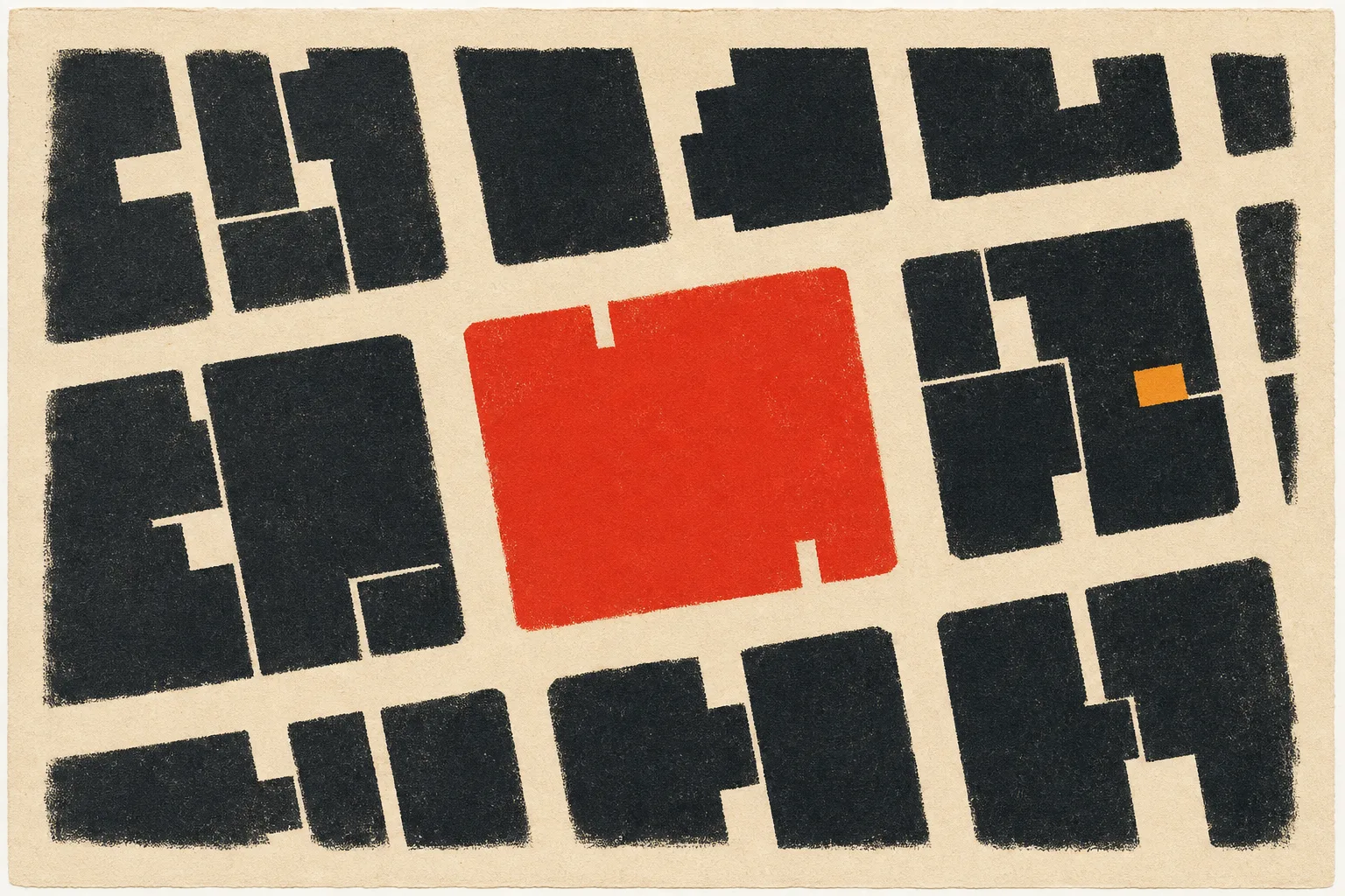 Silkscreen print: a neighborhood street grid with one block highlighted in vermilion