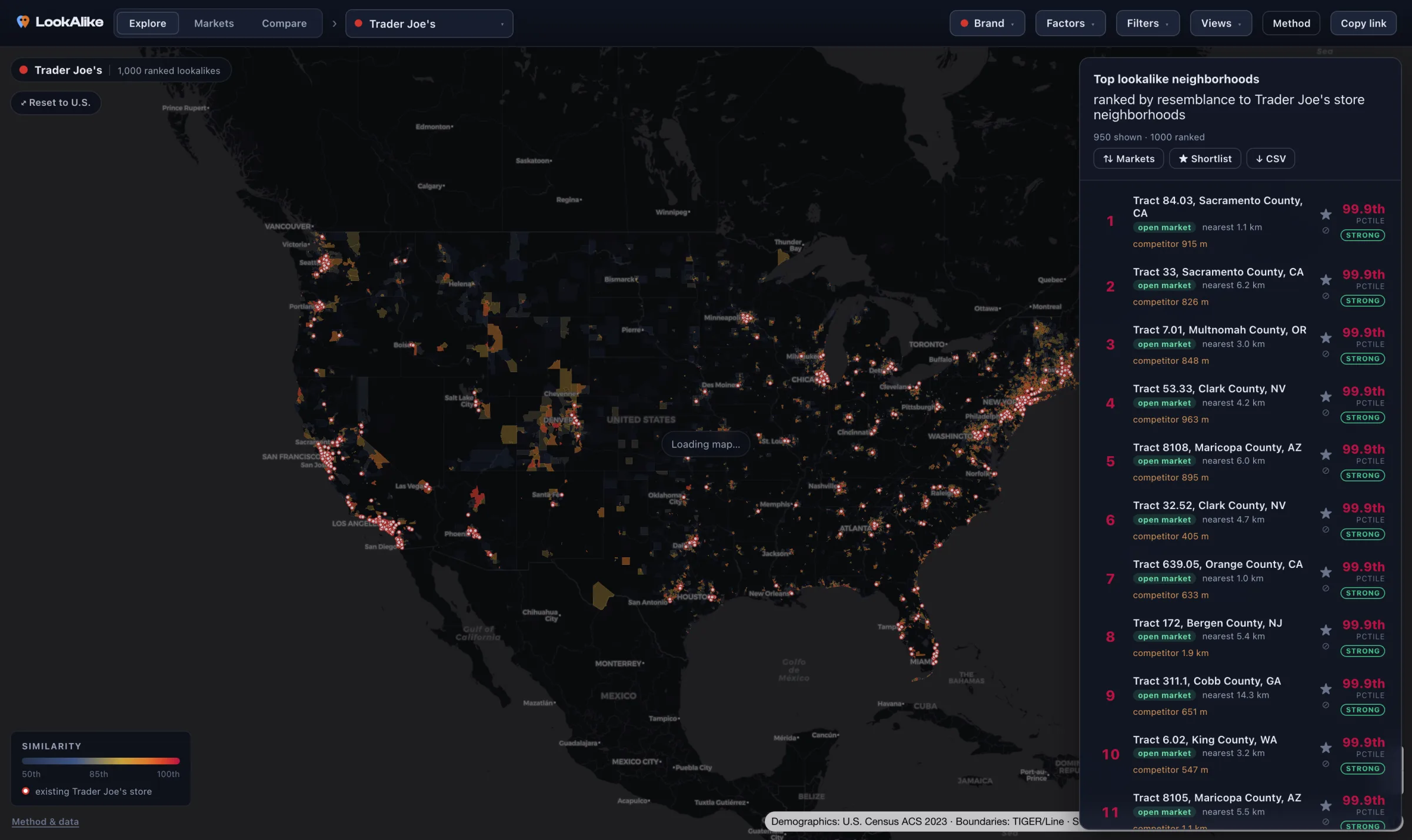 LookAlike Explore view: a dark national map of the United States with high-resemblance neighborhoods highlighted in orange and red, existing stores marked as dots, and a ranked list of top lookalike neighborhoods on the right.